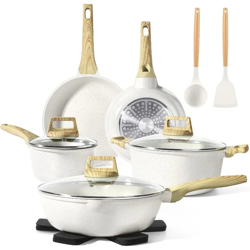 Pots and Pans Set Non Stick 14 Piece White Granite Kitchen Cookware Set Induction Frying Pans Saucepans and Silicone Utensils