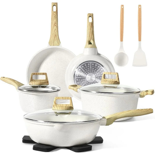 Pots and Pans Set Non Stick 14 Piece White Granite Kitchen Cookware Set Induction Frying Pans Saucepans and Silicone Utensils