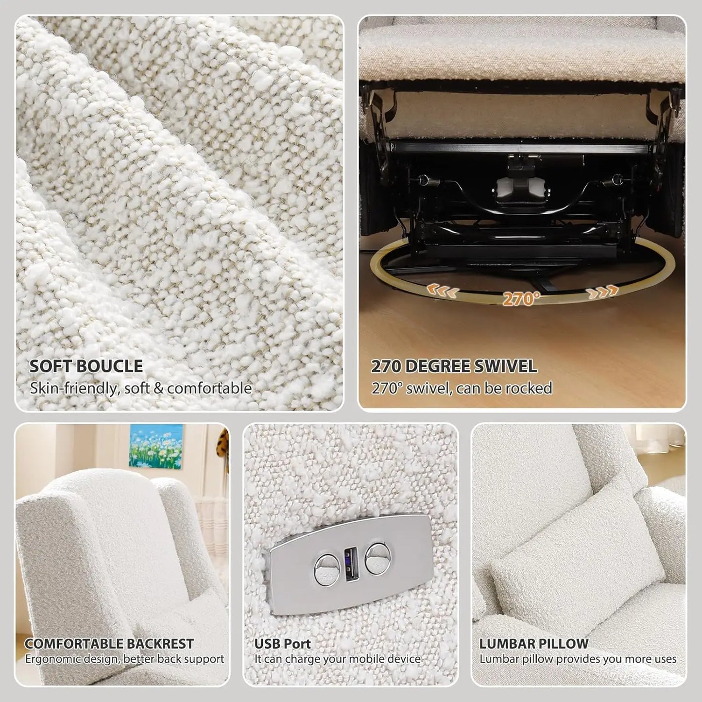 Power Recliner With USB Port Boucle Upholstered Large Swivel Rocker Recliner
