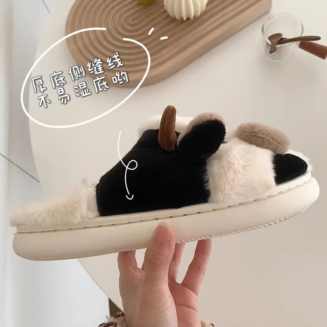 Ladies Winter Slippers Cute Cartoon Heart Animal Cow Fur Warm Anti Slip Indoor