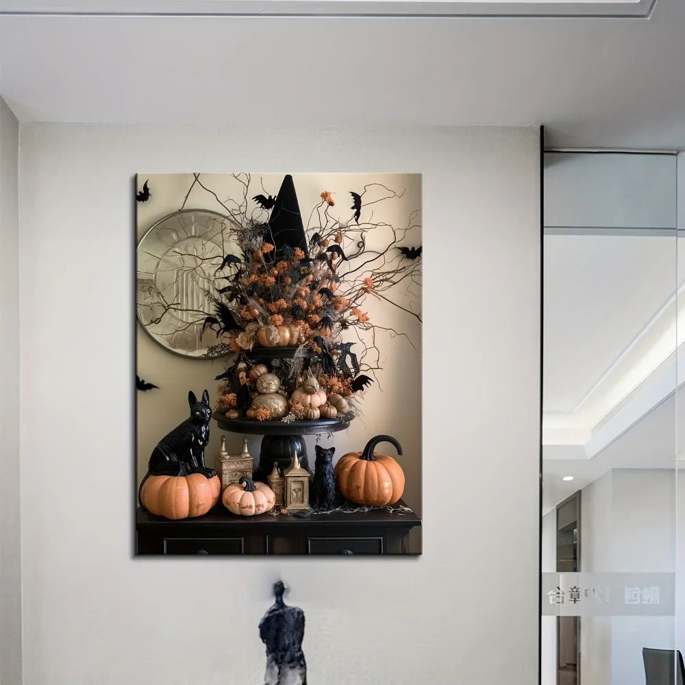 One Point Five Inch Solid Wood Frame Halloween Cat And Pumpkin Art Deco Wall Art