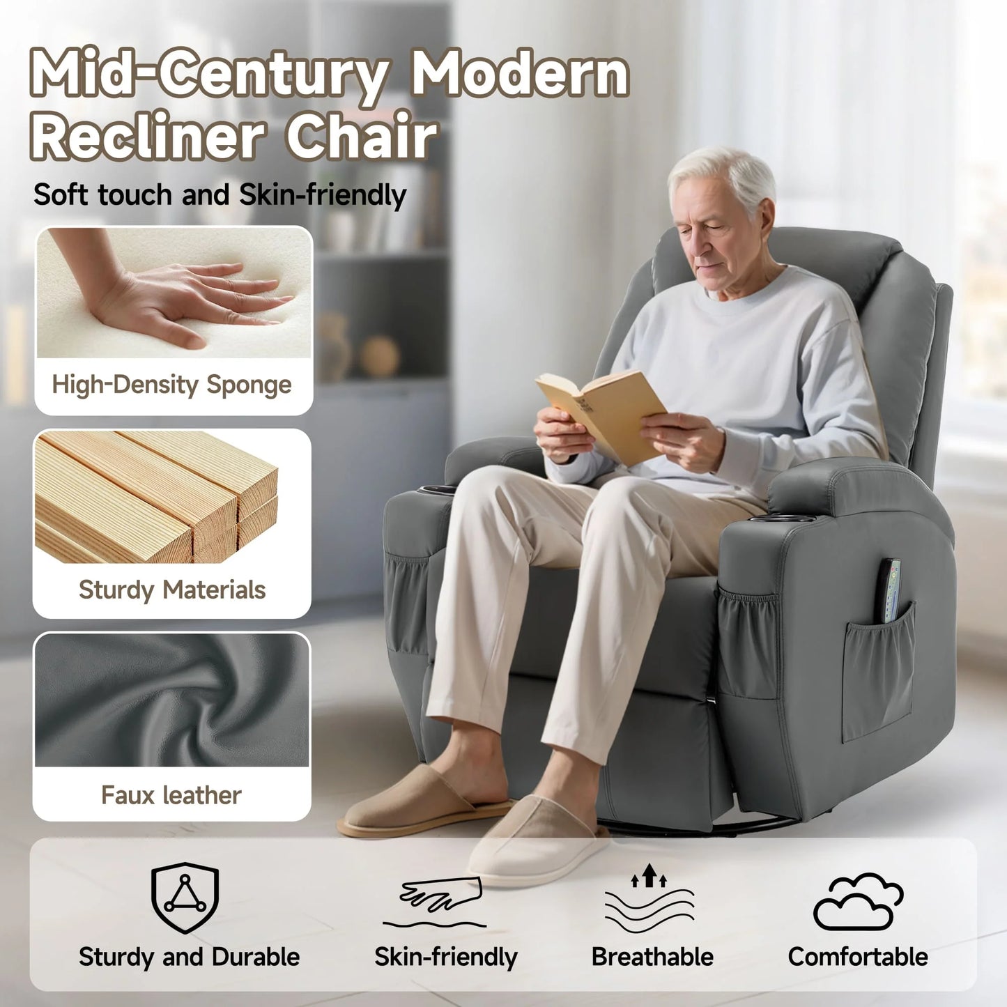 Recliner Chair With Massage And Heat 360 Degree Swivel Cup Holder Remote