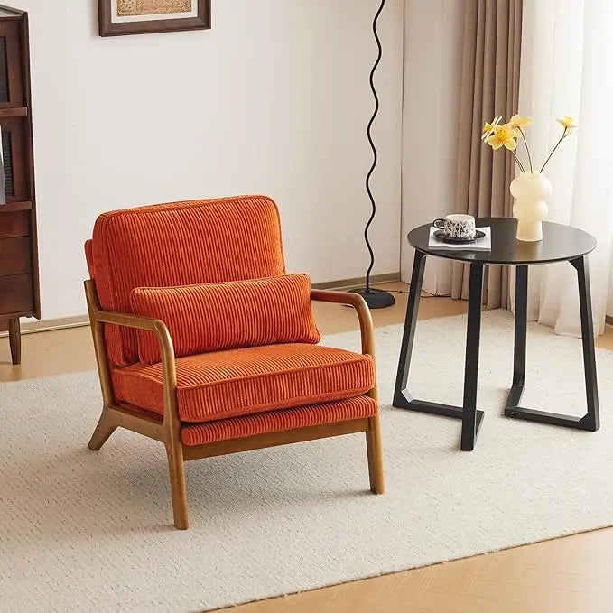 Mid Century Modern Corduroy Upholstered Lounge Armchair With Wood Frame