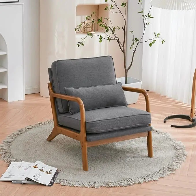 Mid Century Modern Corduroy Upholstered Lounge Armchair With Wood Frame