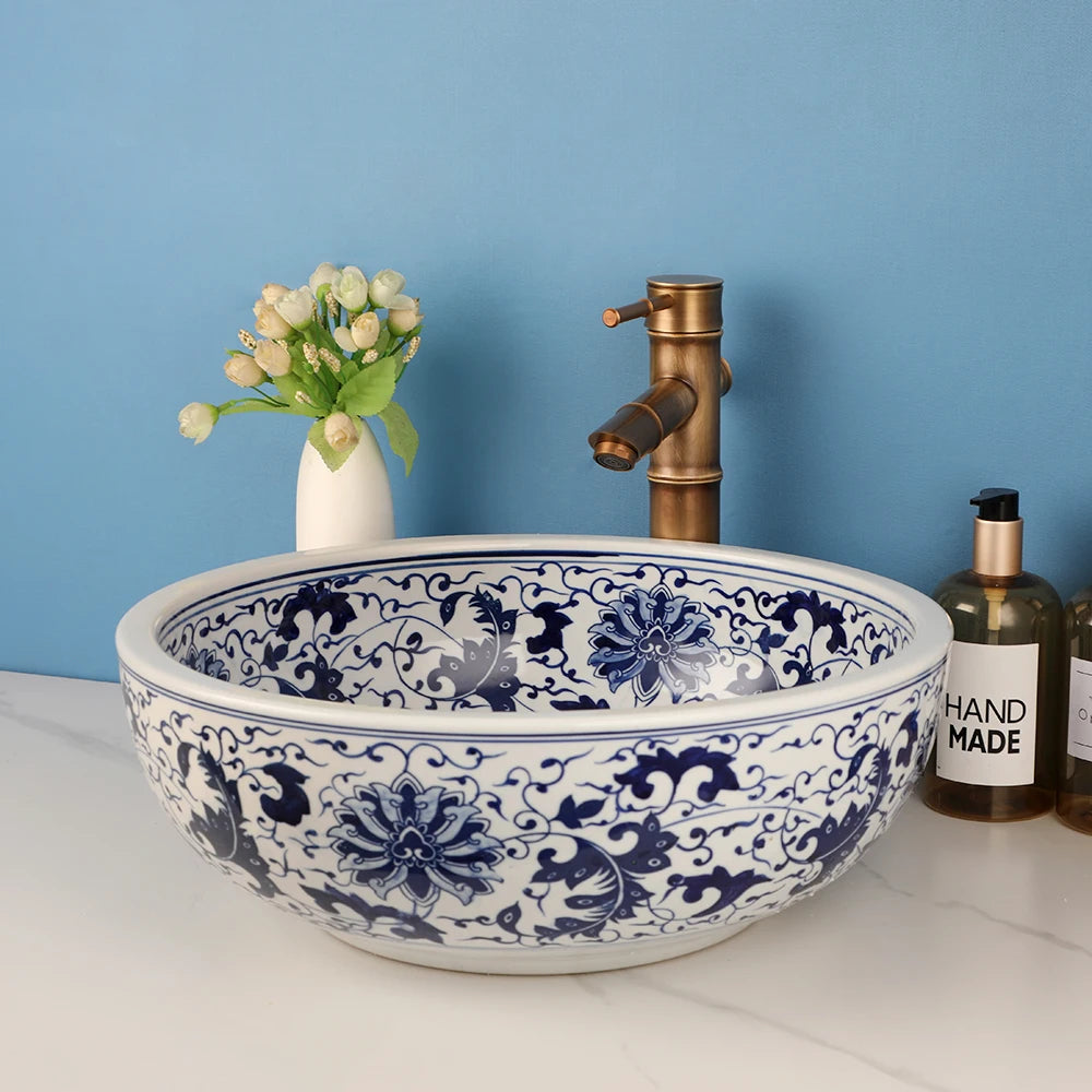 Ceramic Bathroom Vessel Sink And Polished Gold Faucet Combo