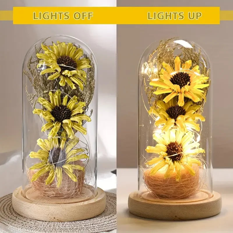Sunflower Gifts for Women Artificial Sunflowers in Glass Dome with LED Strip Home Decor for Mother's Day and Valentine's Day
