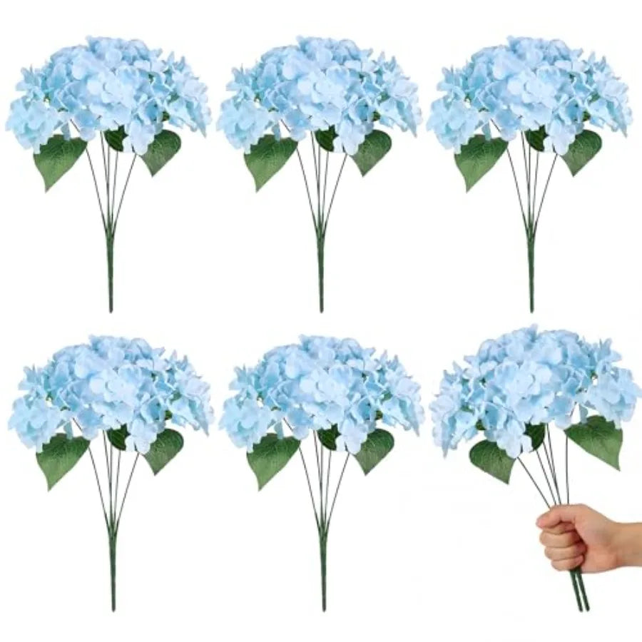 6 Bundles UV Resistant Faux Hydrangea Flowers Blue Outdoor Indoor Use 30 Heads