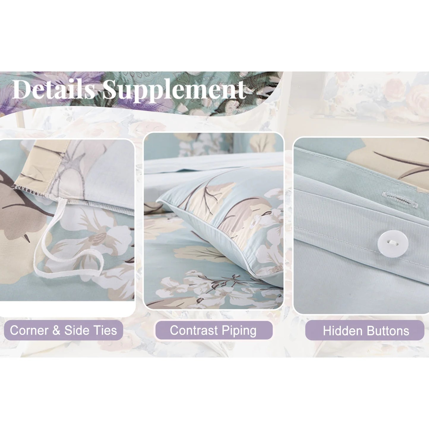 3Pc 600TC Egyptian Cotton Duvet Cover Set Blue Floral Leaves