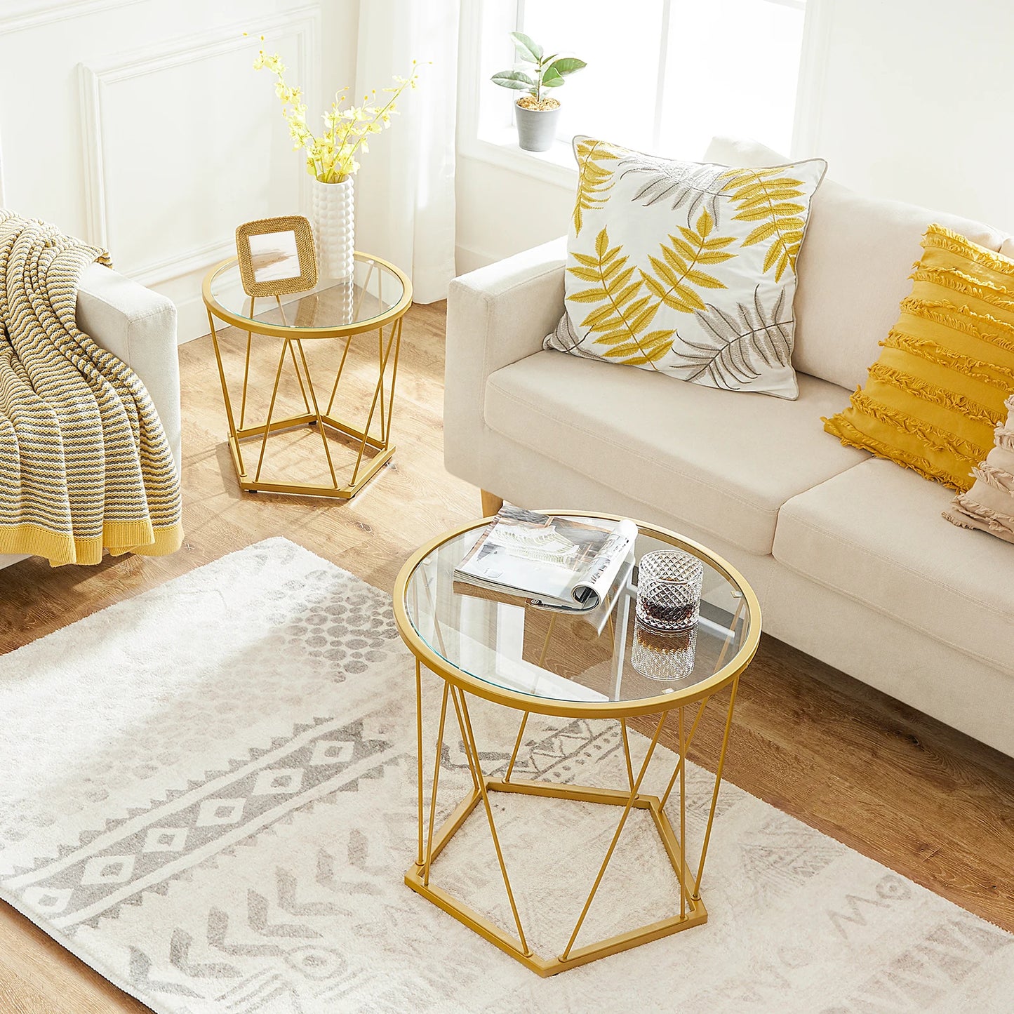 HOOBRO Modern Gold Round Glass Coffee End Tables Set of 2