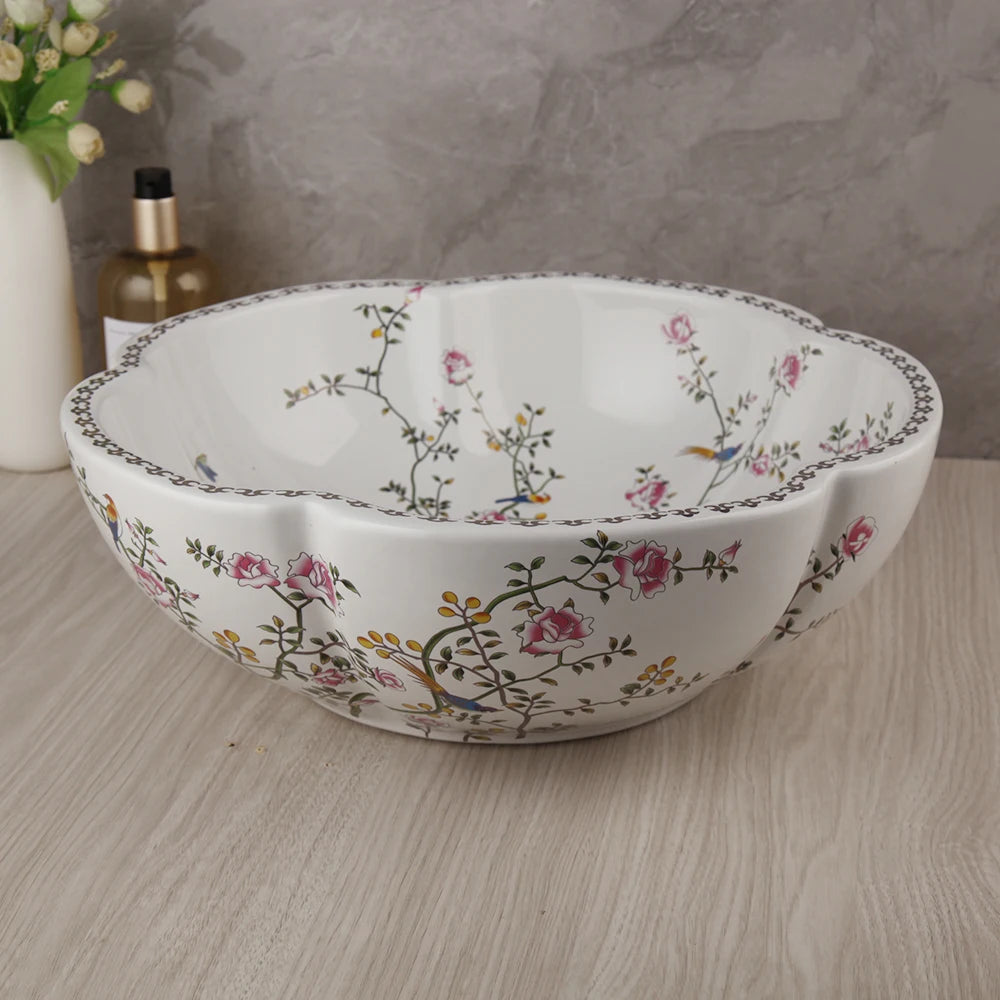 ZAPPO Ceramic Sink Above Counter Round Petal Pattern Faucet