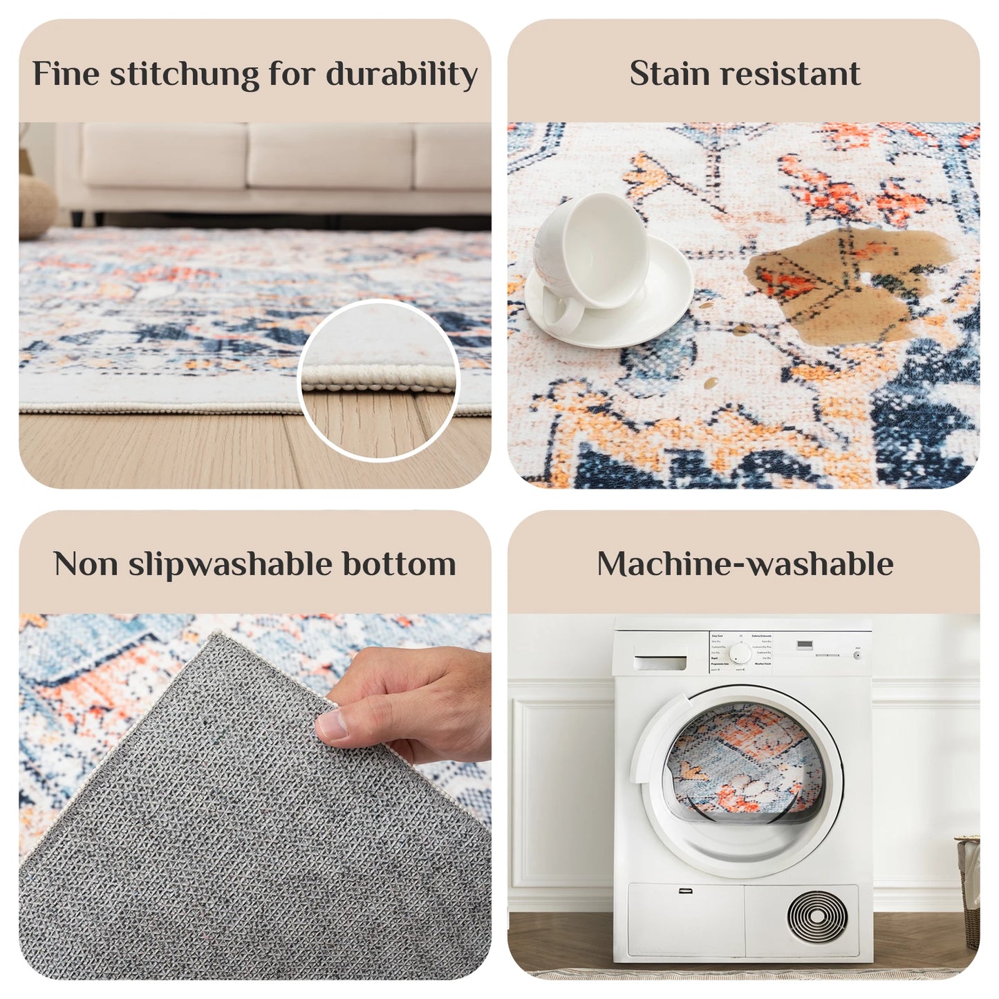 Orhopui Vintage Boho Design Washable Area Rugs Non Slip Rugs for Living Room Bedroom Traditional Woven Rugs Stain Resistant
