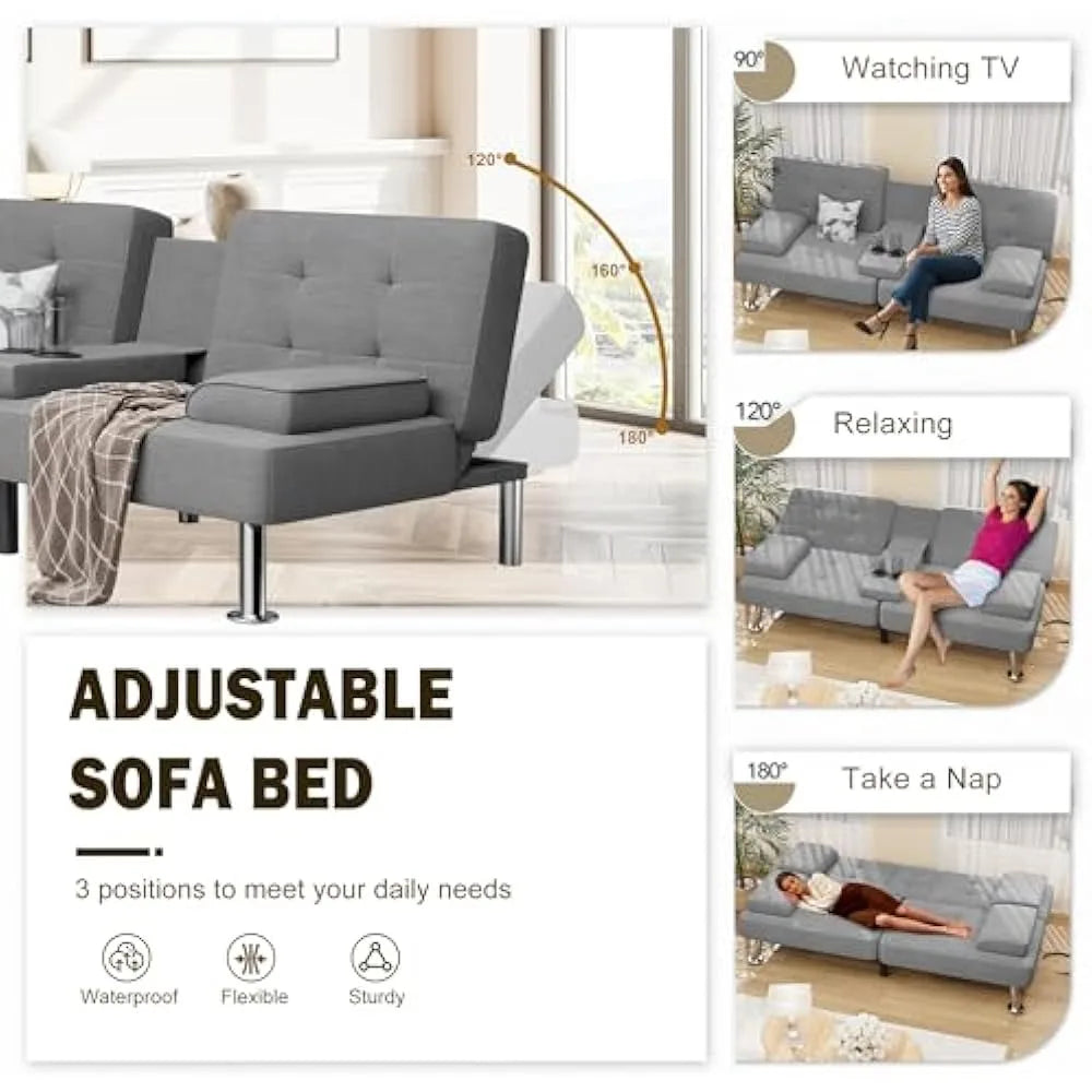 Convertible Sofa Bed With Removable Armrests Cupholders