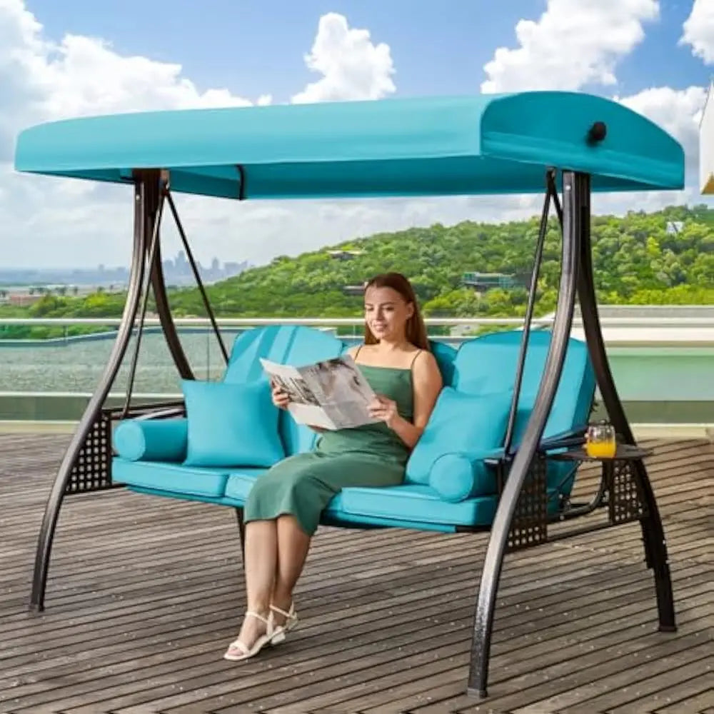 3 in 1 Outdoor Porch Swing With Adjustable Canopy 3-Seat Thick Cushions Pillows Cup Holders Heavy Duty Alloy Steel Frame 750 Lb Capacity