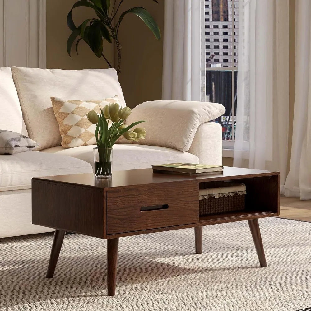 Solid Wood Coffee Table Storage Mid Century Modern 39in