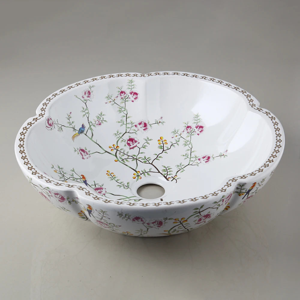 ZAPPO Ceramic Sink Above Counter Round Petal Pattern Faucet