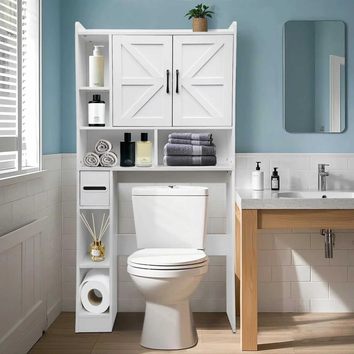 Over The Toilet Storage Cabinet 2 Doors Toilet Paper Holder