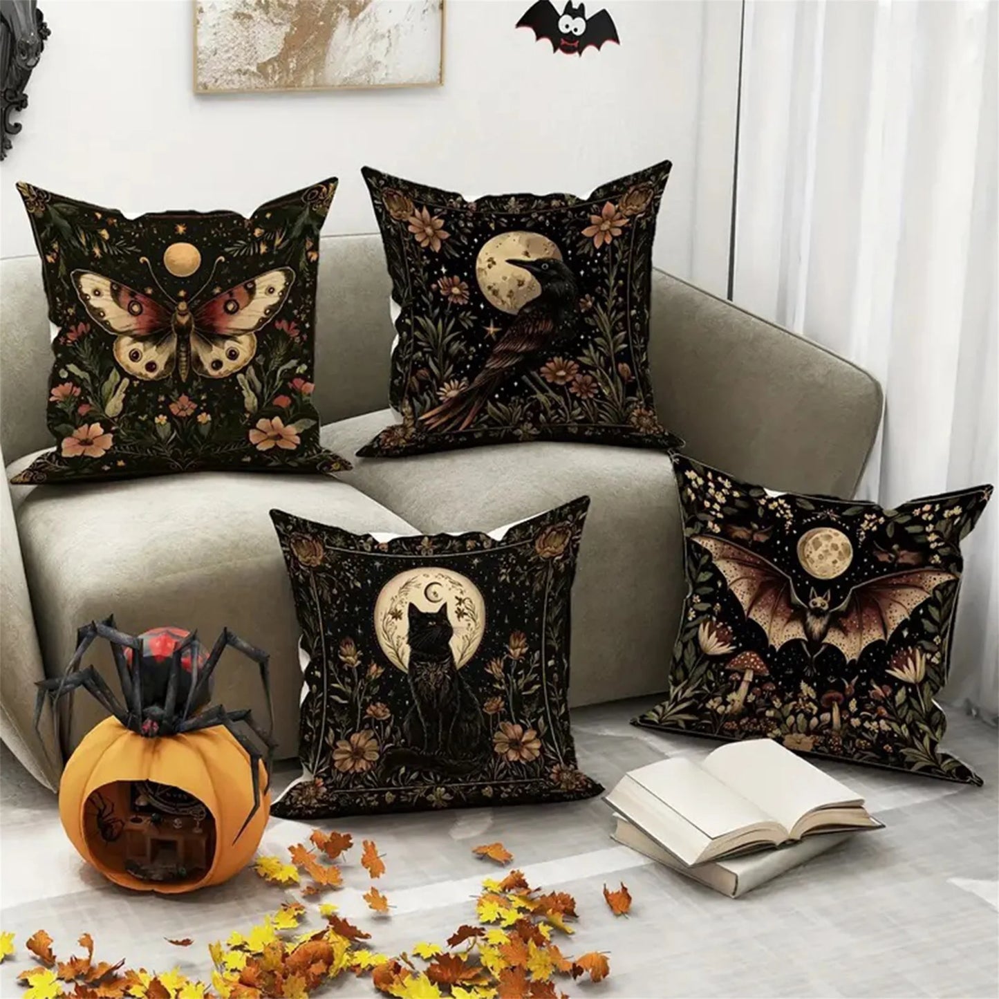 Spooky Halloween Pumpkin Ghost Spider Throw Pillow Cover