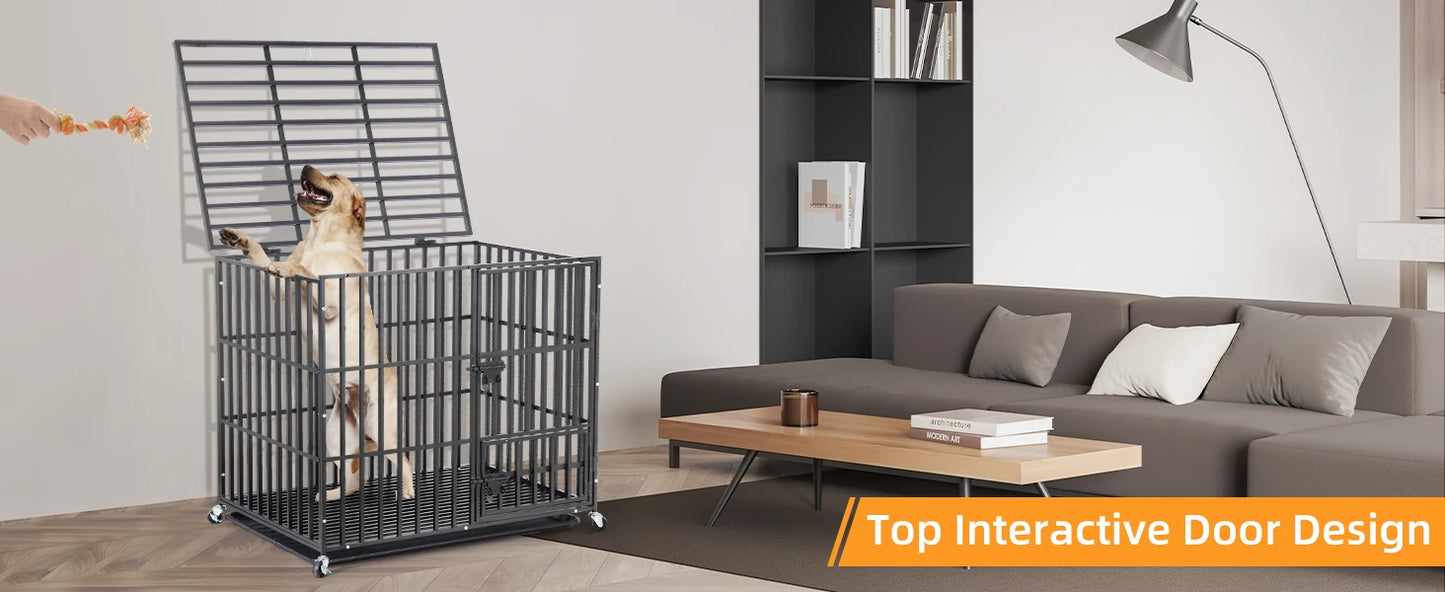 XXL Heavy Duty Dog Crate With Lockable Wheels And Tray Square Tube Metal Kennel