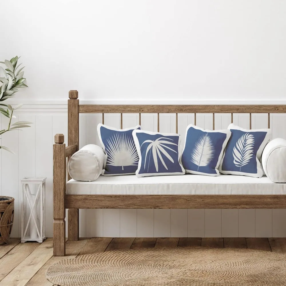 Bold Blue White Modern Botanical Leaf Design Throw Pillow Set of 4 18 x 18