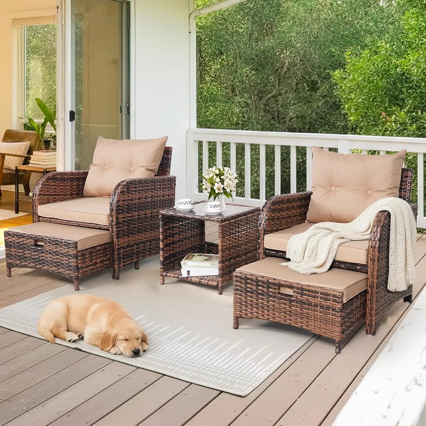 5 Piece Wicker Outdoor Patio Chairs With Ottomans All Weather PE Rattan Set