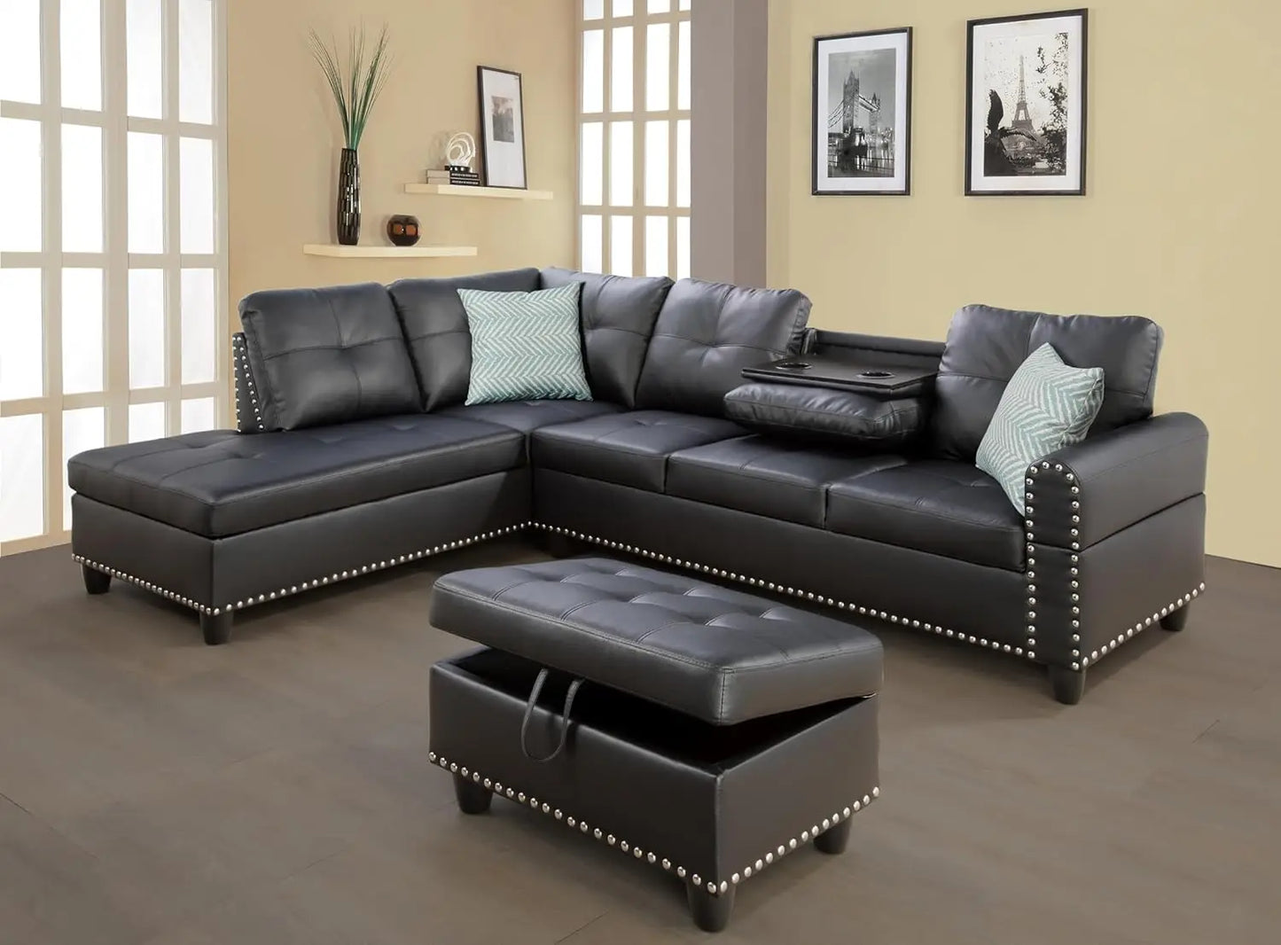 Modern L Shaped Sectional Sofa 4 Seat Set With Chaise Lounge Ottoman And Pillows