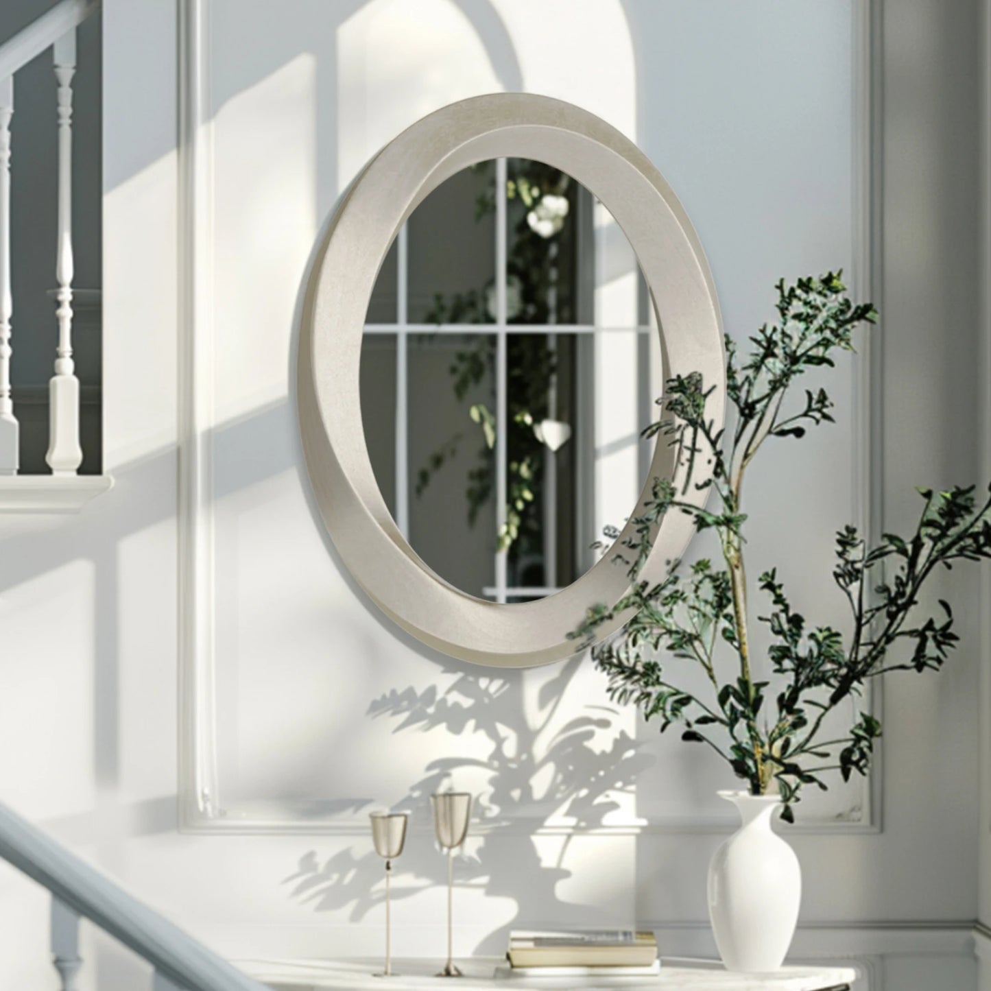 Large Oval Baroque Wall Mirror Silver Glass Vanity with Brass Edge Frame for Modern Minimalist Home Decor 32x24 Inch
