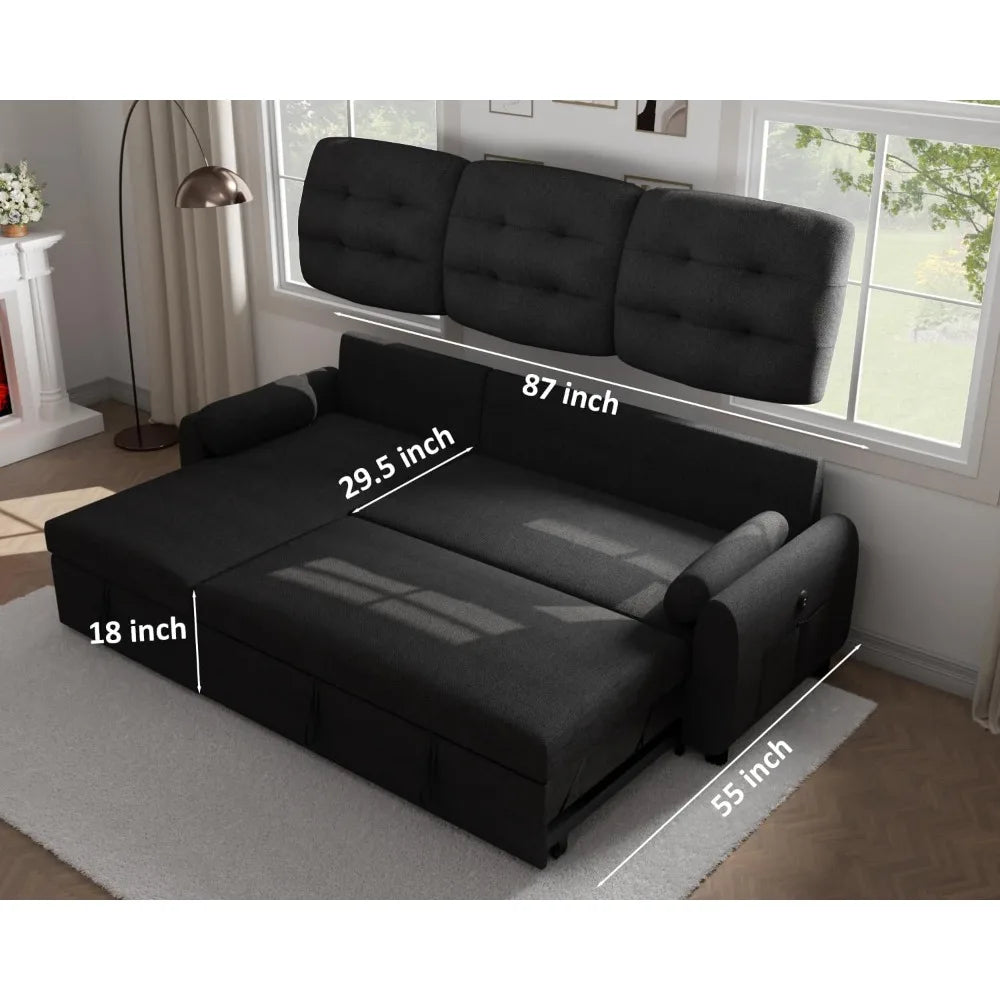 87 Inch Sleeper Sectional Sofa Bed With Storage Chaise