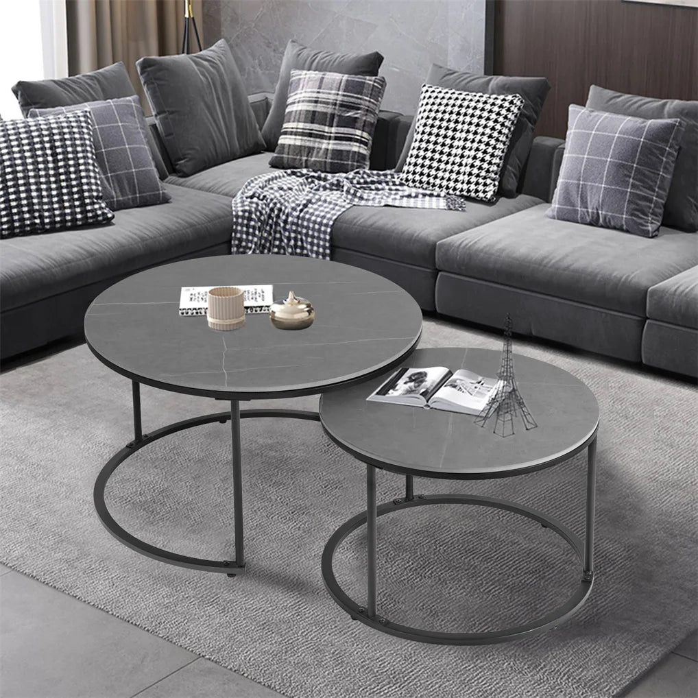 Modern Nesting Grey Marble Top Coffee Table Set Metal Legs