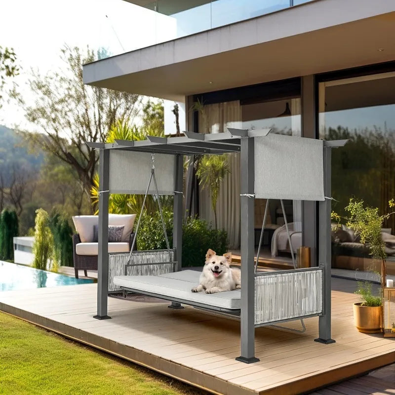 2 In 1 Convertible Porch Swing Bed With Wicker Armrests And Adjustable Canopy