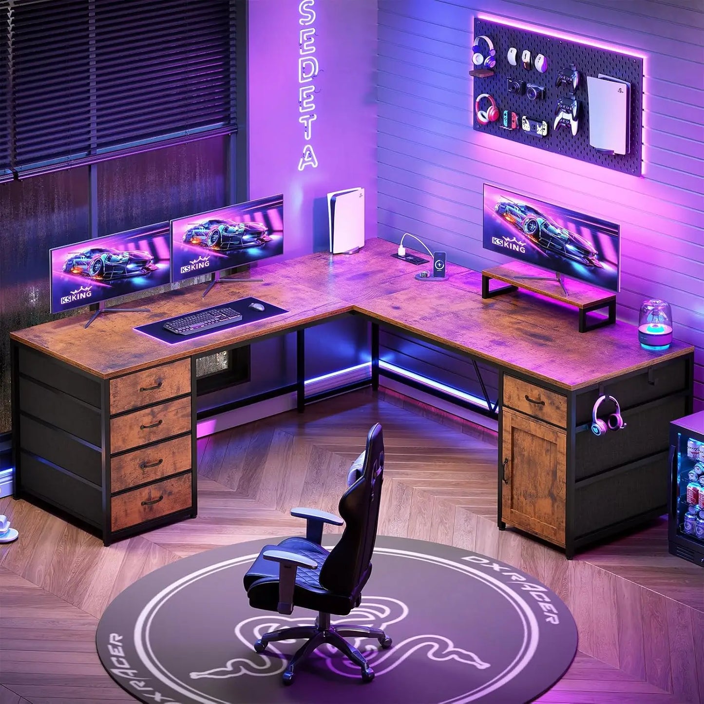 63 Inch L Shaped Corner Desk With 5 Drawers And Power Outlet For Home Office