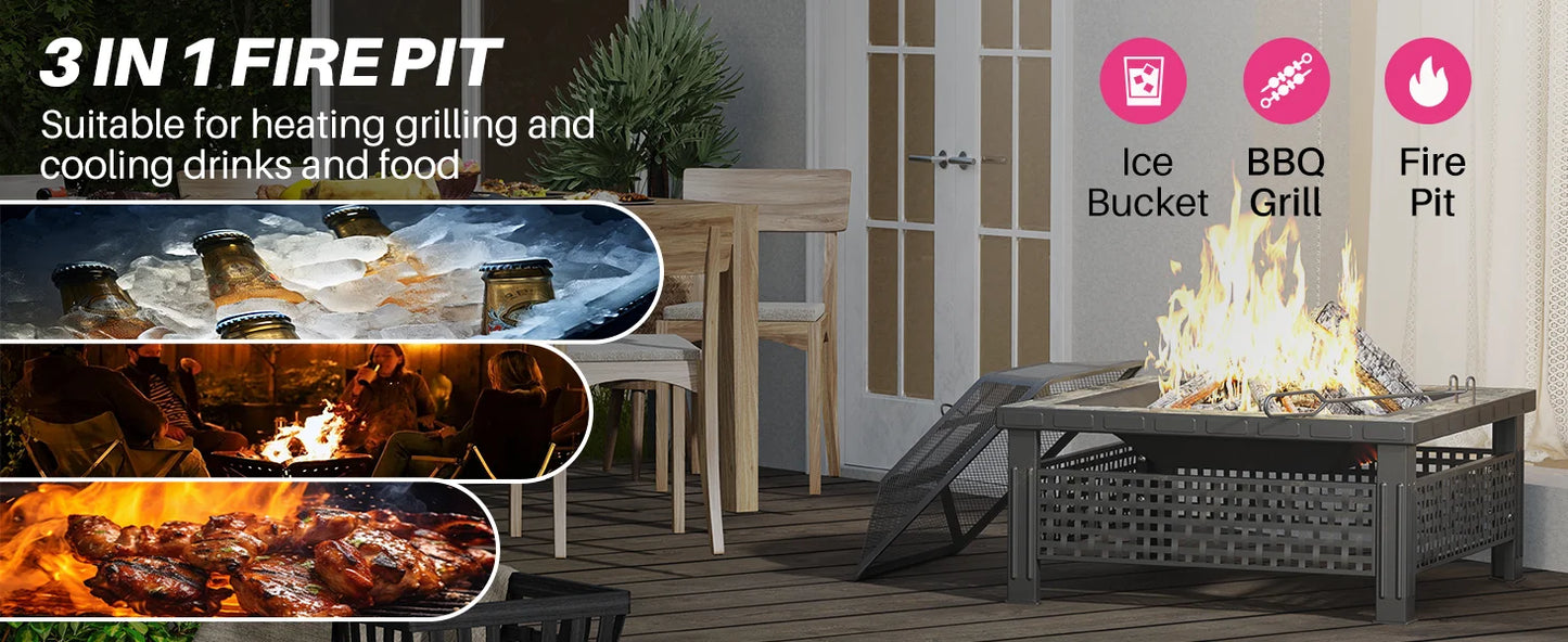 30 Inch Fire Pit Square Outdoor Table Mesh Lid Fire Poker
