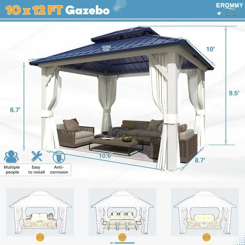 12 X 10 Outdoor Steel Pavilion With Double Roof Curtains And Netting Blue