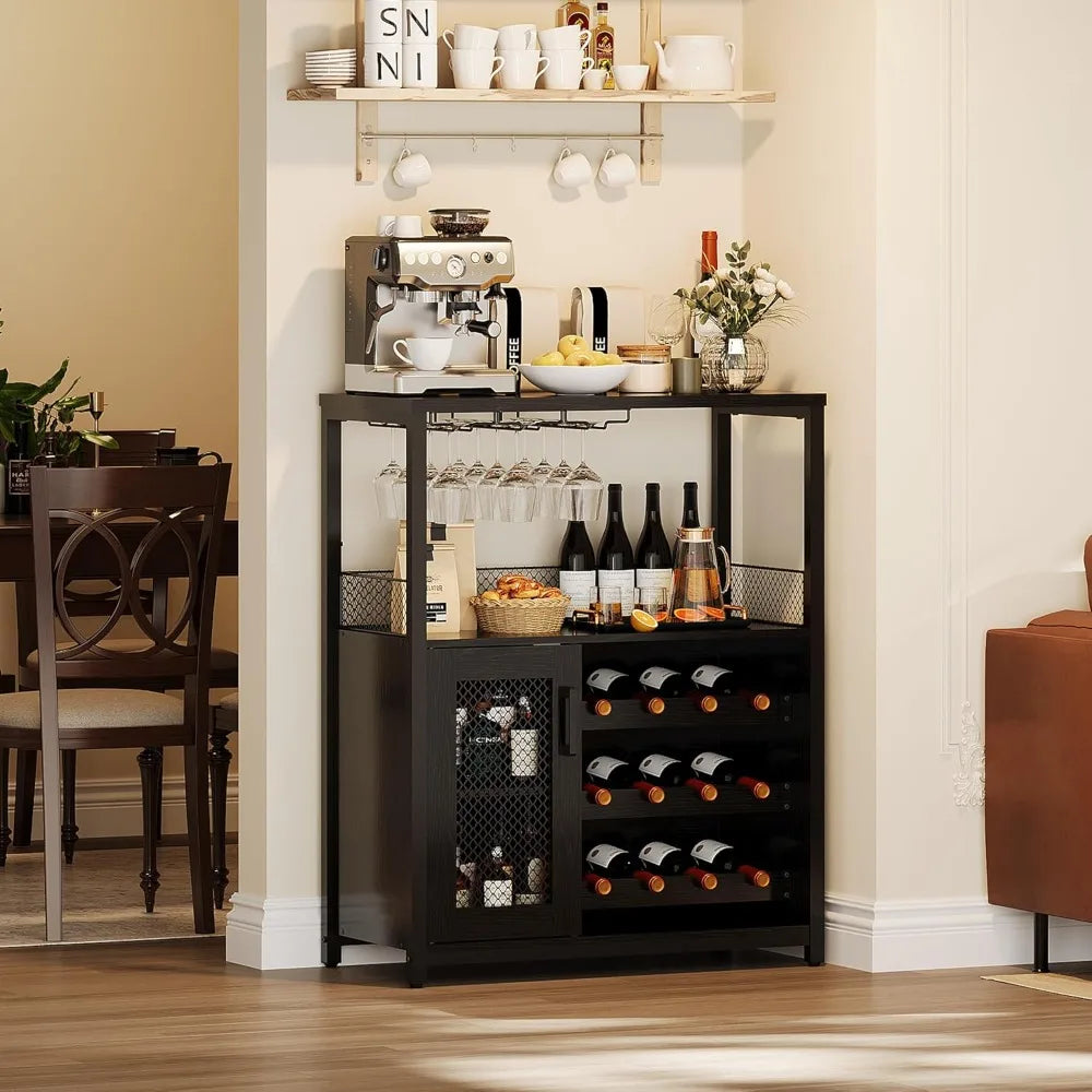 3 Tier Wine Bar Cabinet With Led Lights And Glass Holder