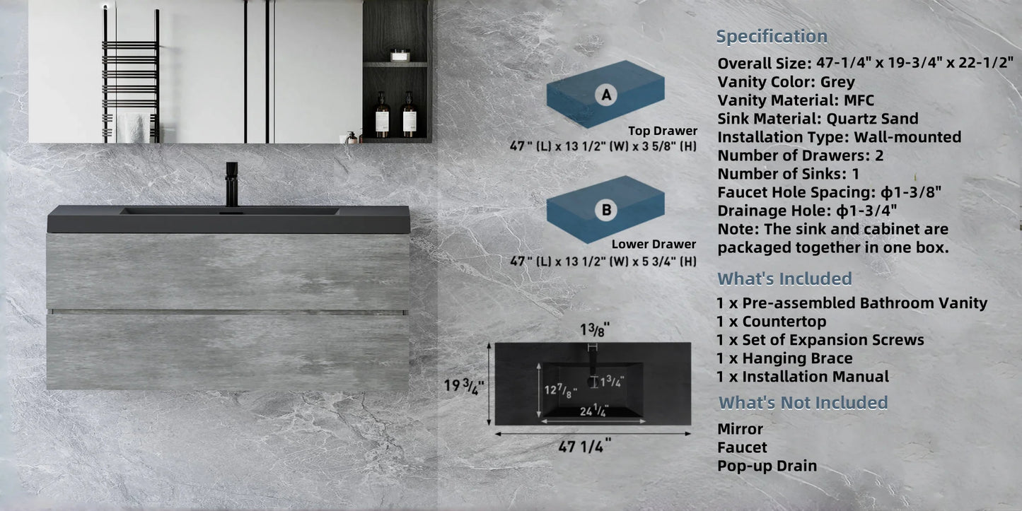 48 Inch Floating Bathroom Vanity With Sink Black Quartz Top
