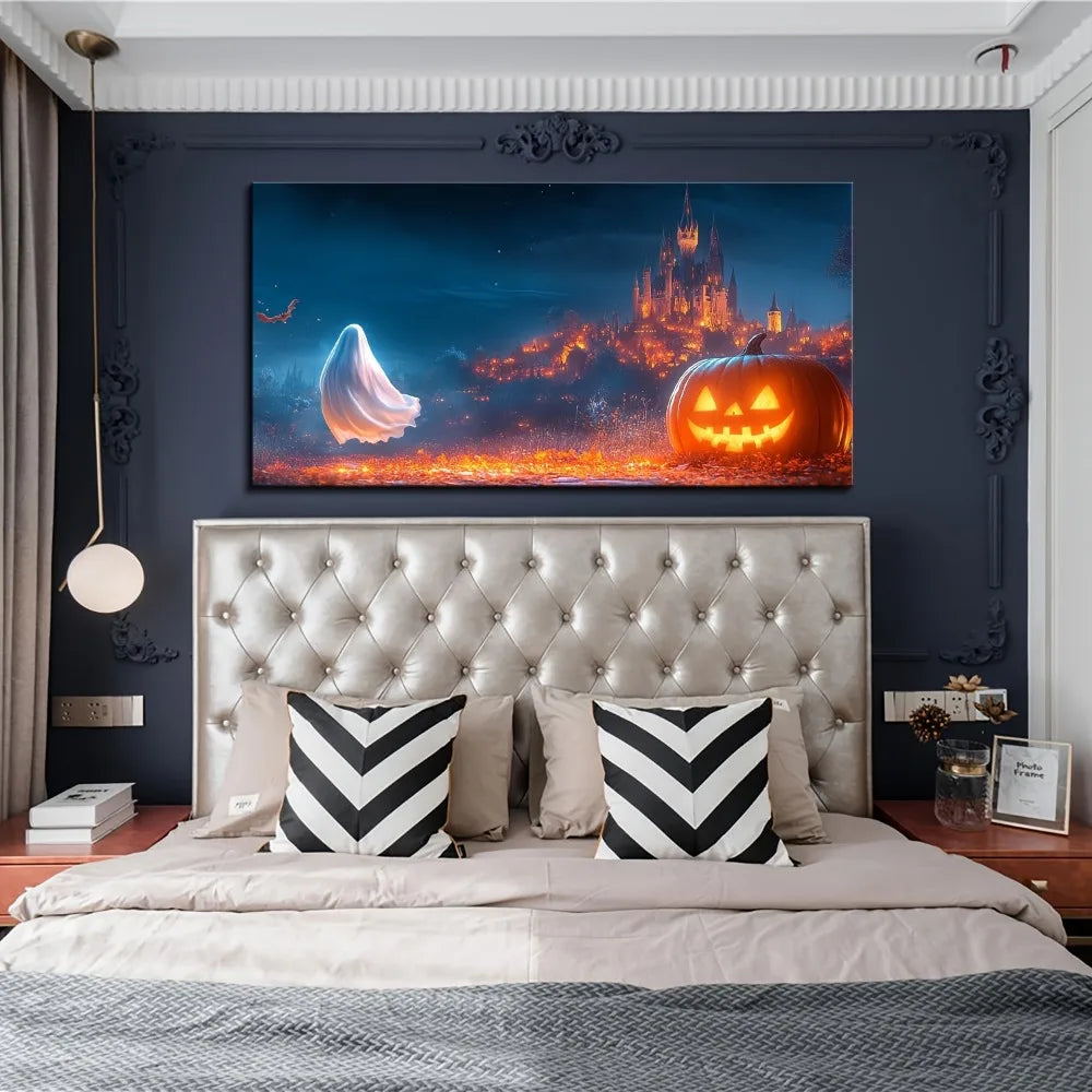 One Point Five Inch Thick Pine Wood Frame Halloween Canvas Wall Art Black Castle