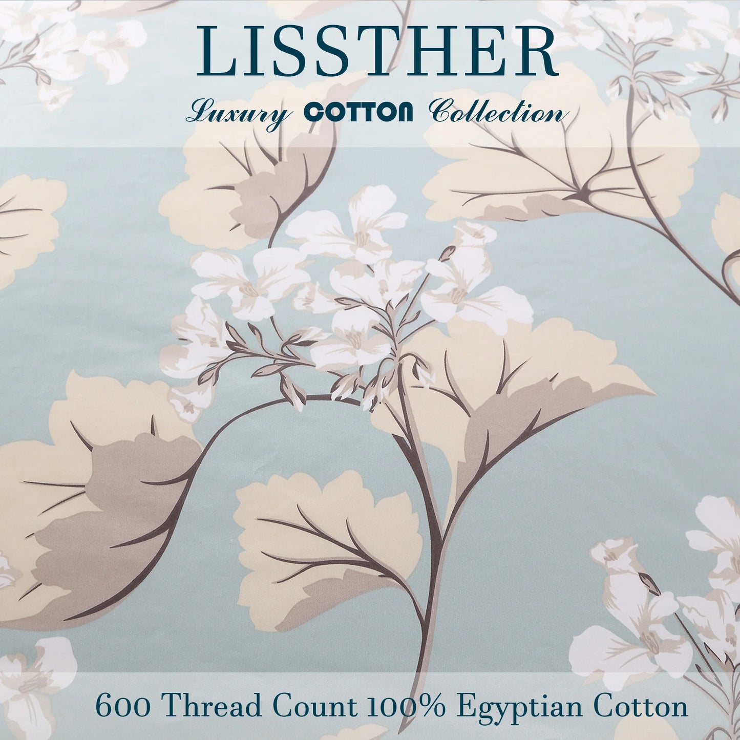 3Pc 600TC Egyptian Cotton Duvet Cover Set Blue Floral Leaves