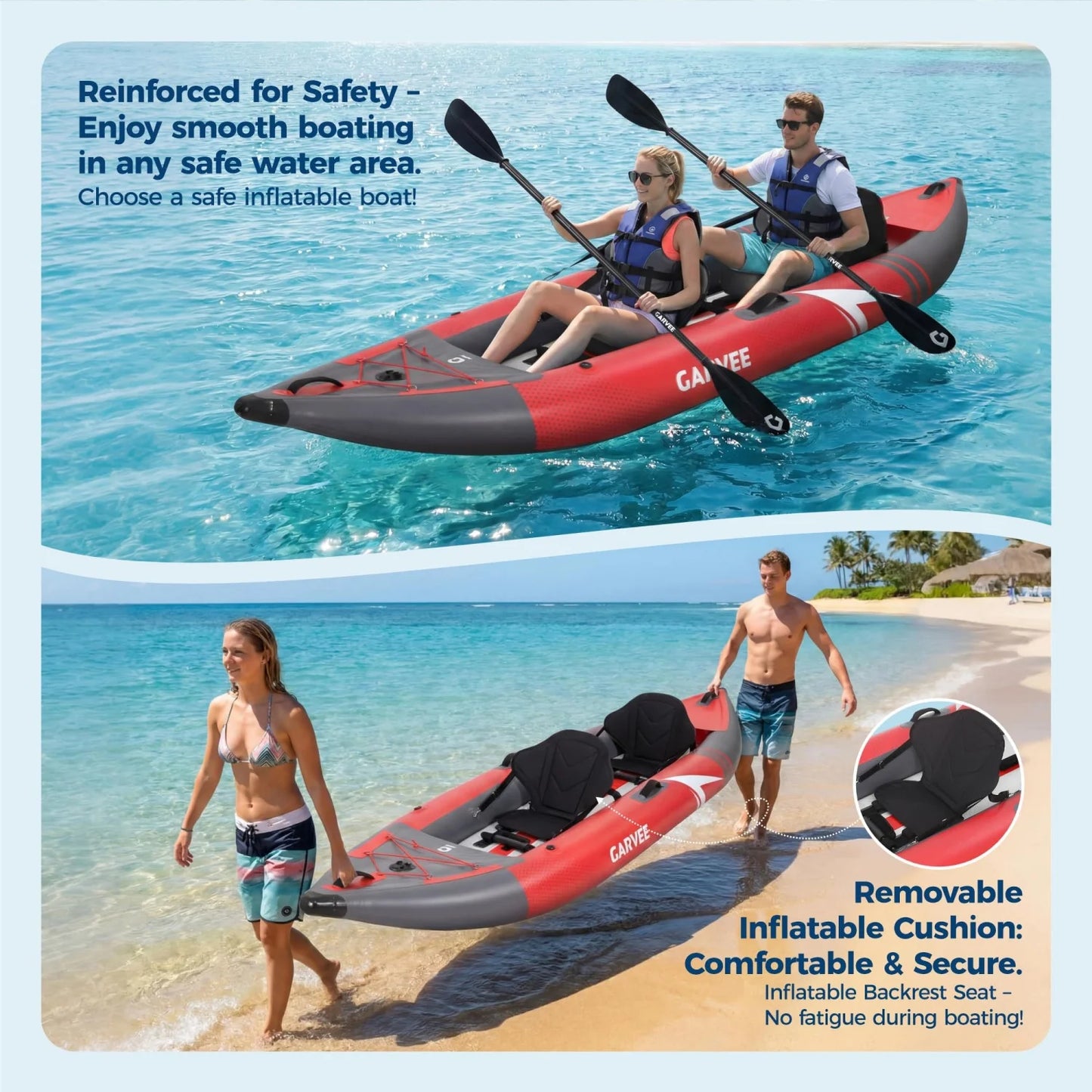 Two Person Inflatable Kayak For Fishing And Touring With Padded Seat And Fins