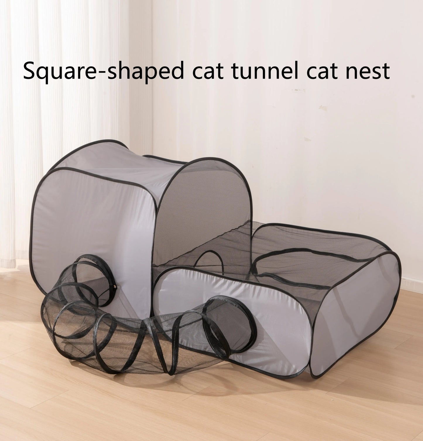 Square Gray Foldable Pet Bed Oxford Cloth Nest With Play Tunnel Cats And Dogs