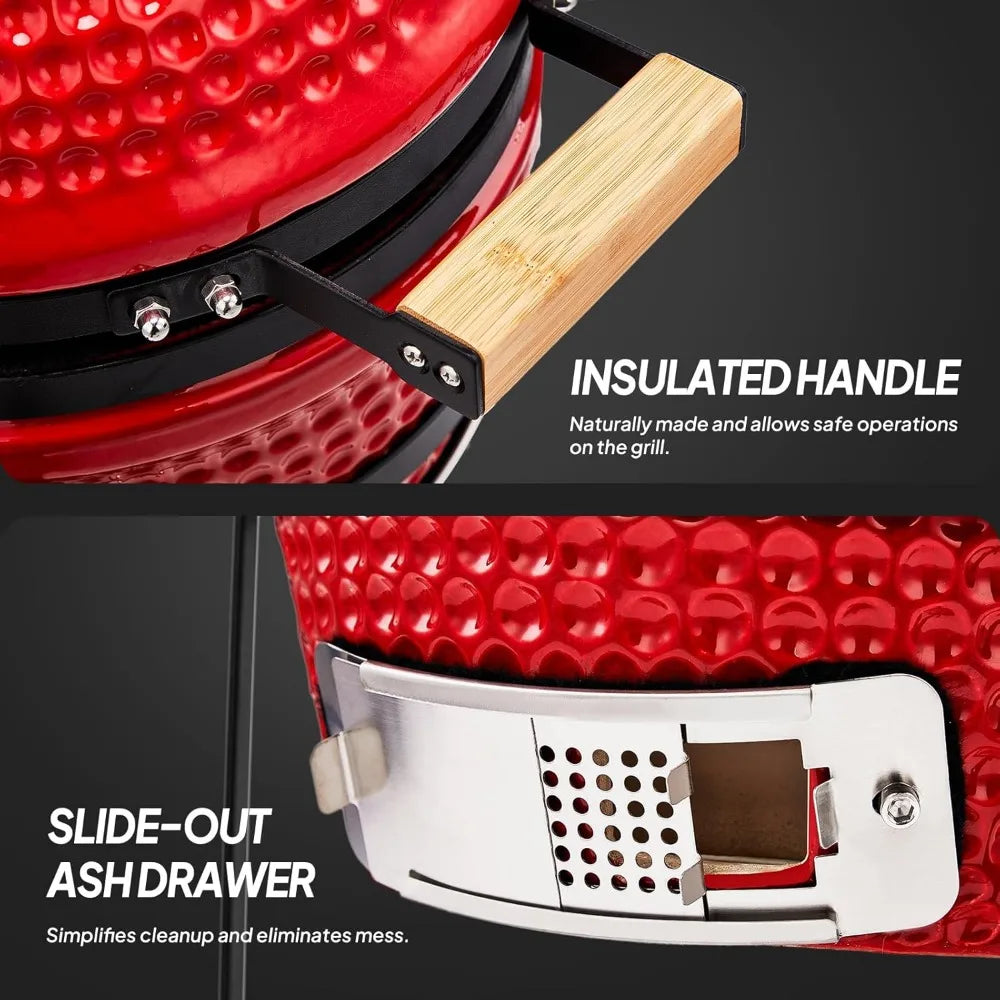 13 Inch Red Spherical Ceramic Charcoal Grill with Inner Liner Portable BBQ Smoker for Outdoor Cooking Camping and Backyard Grill