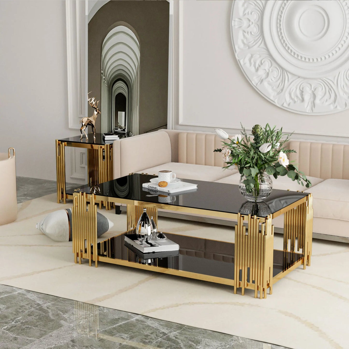 Stainless Steel Rectangle Glass Coffee Table For Living Room