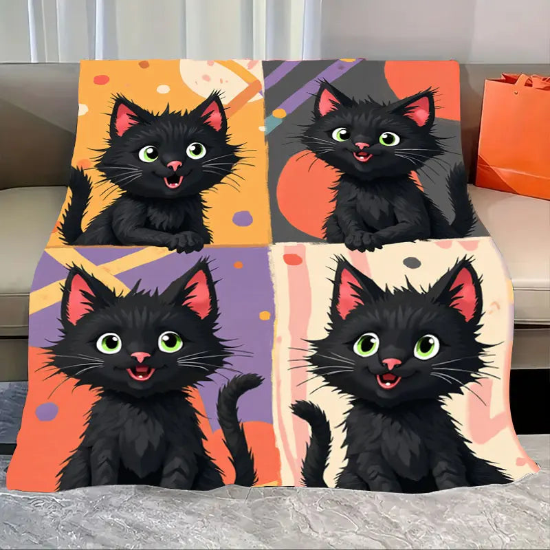 Flannel Blanket Black Cat Print Cozy Halloween Kids Decor