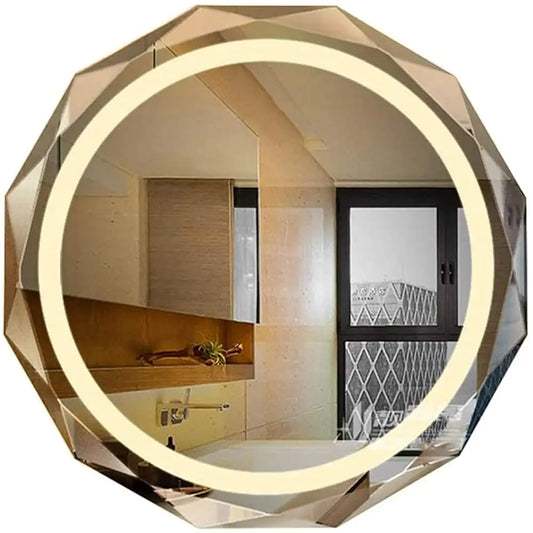 Round LED Bathroom Mirror Beveled Edge Mount Anti Fog Silver