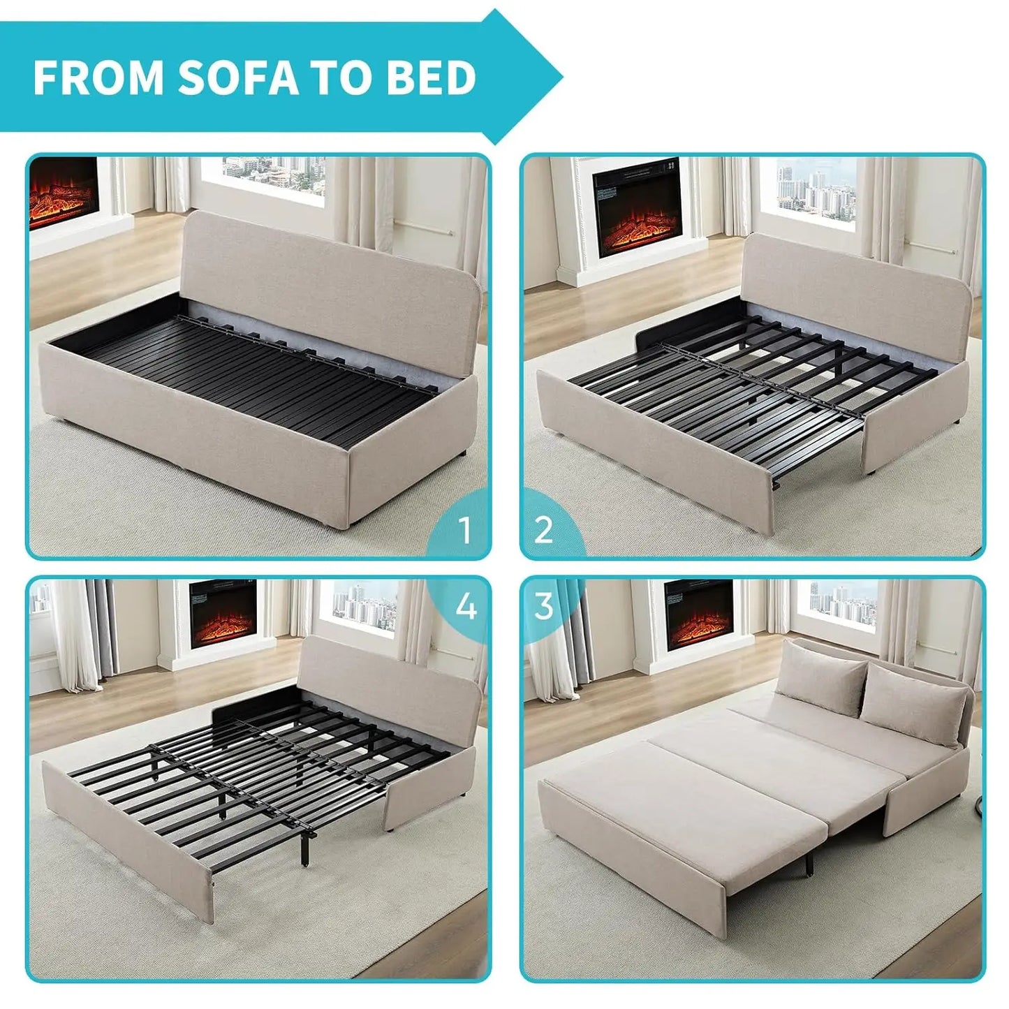Queen Size Pull Out Sofa Bed Linen Convertible Couch With 2 Pillows For Guests