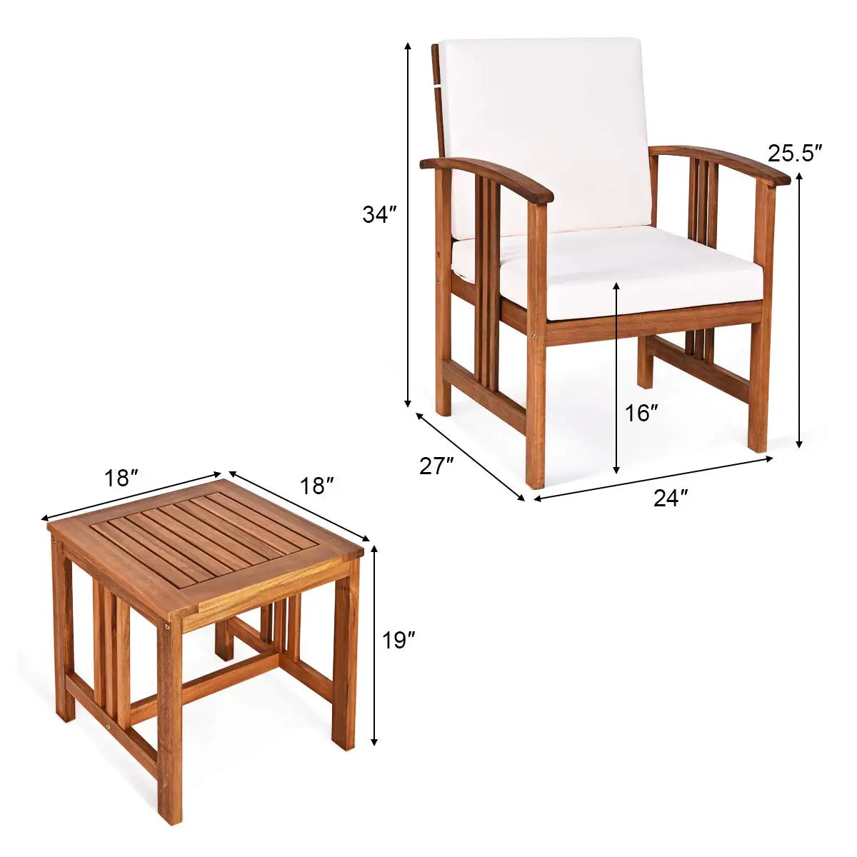 3 Piece Patio Furniture Set With Acacia Wood Cushioned Chairs And Coffee Table