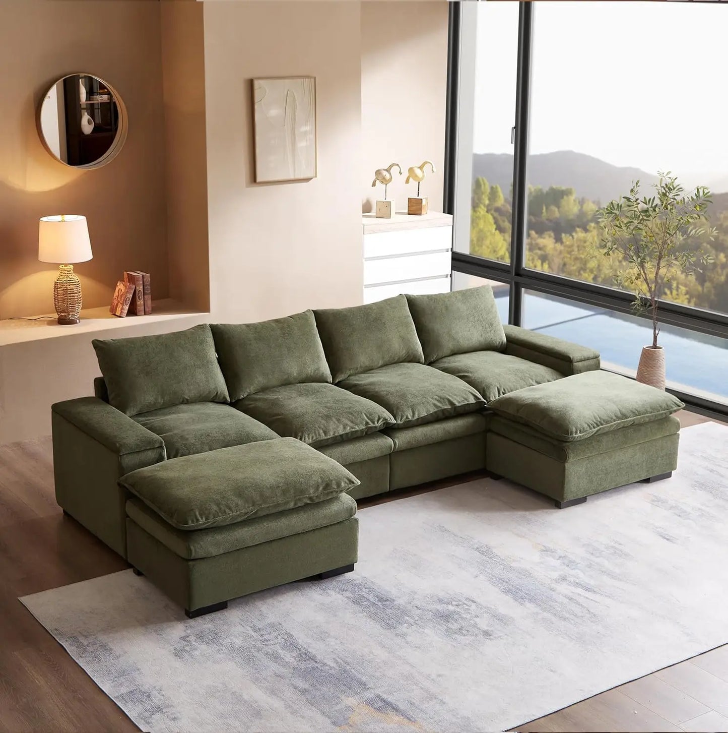122 Inch U Shaped Modular Sectional Sofa With Movable Ottoman And Covers