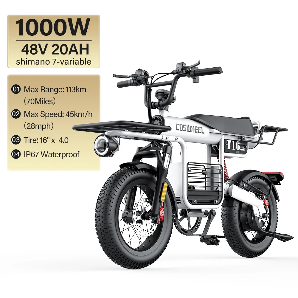 Coswheel Electric Bike CT20S 2000W Motorcycle Dirt Bike Ebike 20 Inch Fat Tire Bicycle 60V 27.5Ah Adult Electric Bicycle