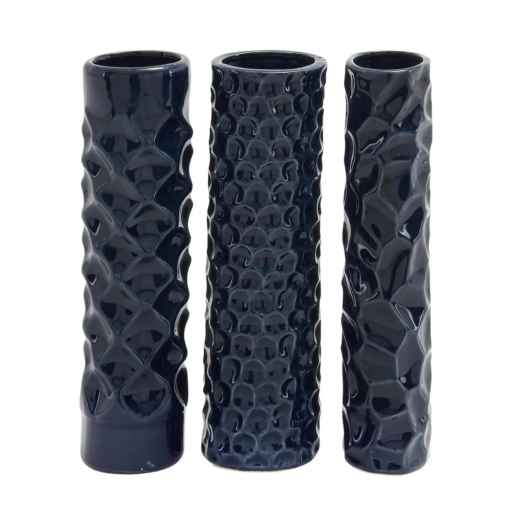 Set of 3 Dark Blue Ceramic Vases Tall Round Cylinder Design Geometric Pattern Stoneware Home Decor Accent Pieces