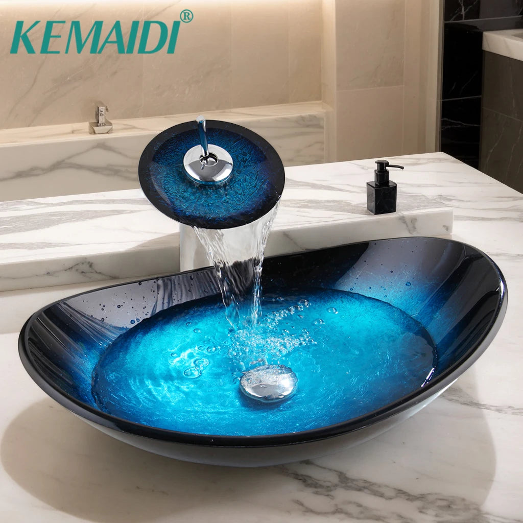 Oval Blue Glass Vessel Sink With Faucet Boat Shape