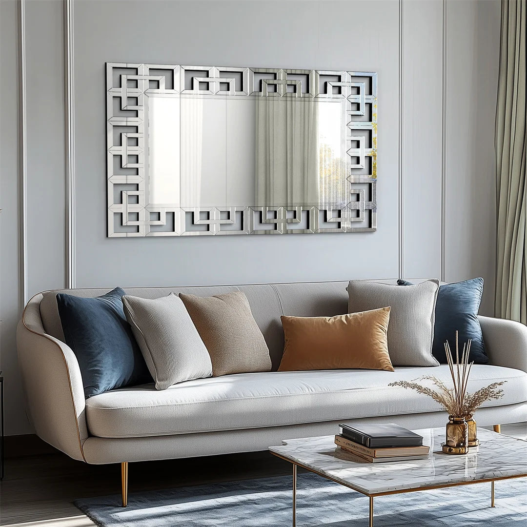 LUVODI 48 Inch Silver Wall Decorative Mirror Polished Hollow Out Accent Mirror for Hallway Living Room and Fireplace