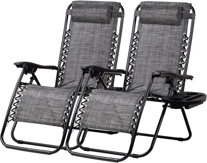 Set of 2 Adjustable Zero Gravity Lounge Chairs with Cup Holder and Pillow